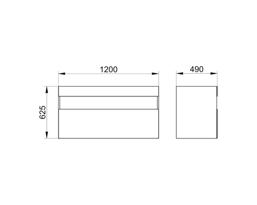 Technische Zeichnung eines Waschtischunterschranks mit Maßangaben.
