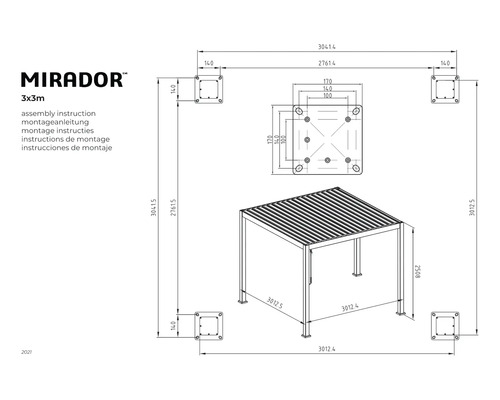 Montageanleitung für einen 3x3 Meter Mirador Pavillon mit Maßangaben