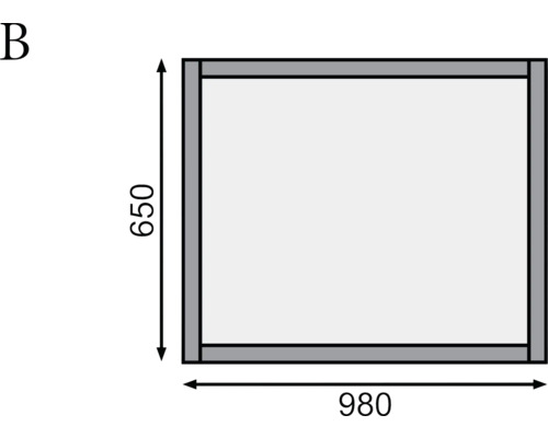 Abbildung einer rechteckigen Holzkonstruktion mit den Maßen 650 mal 980