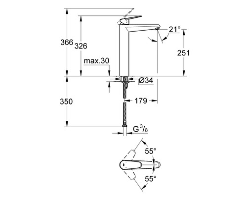 Technische Zeichnung einer Armatur mit Maßangaben