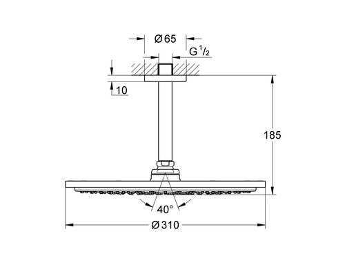 Technische Zeichnung einer Duschbrause mit Maßangaben