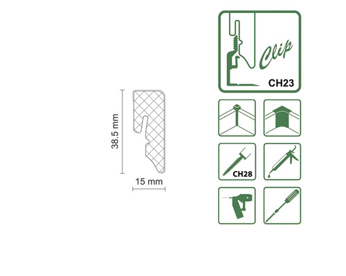 Clip CH23 mit den Maßen 38,5 mm x 15 mm, Symbol für Schrauben CH28 sowie Werkzeuge zur Montage.