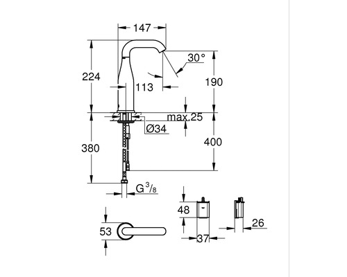 Technische Zeichnung einer Armatur mit Maßangaben