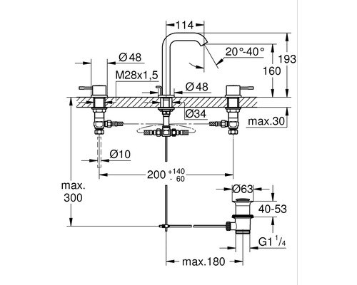 Technische Zeichnung einer Küchenarmatur mit Maßangaben