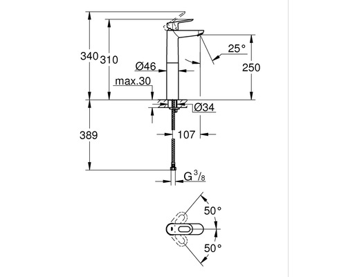 Technische Zeichnung eines Wasserhahns mit Maßangaben