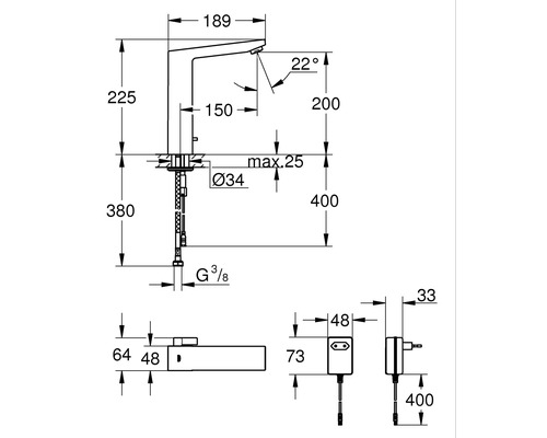 Technische Zeichnung einer Armatur mit Maßangaben