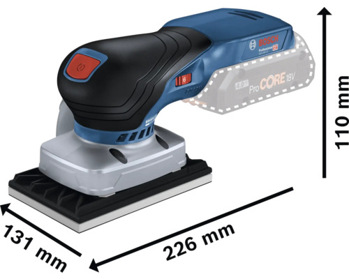 Bosch Akku-Schwingschleifer mit den Massen 226 mm x 131 mm x 110 mm