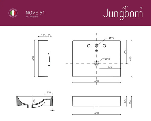 Technische Zeichnung Waschbecken NOVE 61 von Jungborn mit Maßangaben