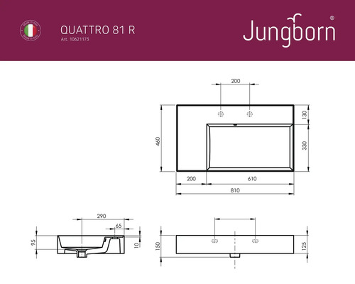 Technische Zeichnung eines Jungborn Quattro 81 R Waschtisches mit Maßangaben