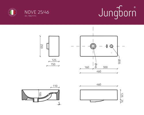 Technische Zeichnung eines Jungborn Waschbeckens mit Maßangaben