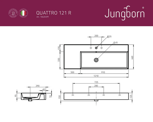 Technische Zeichnung des Jungborn Quattro 121 R Waschtischs mit Maßangaben
