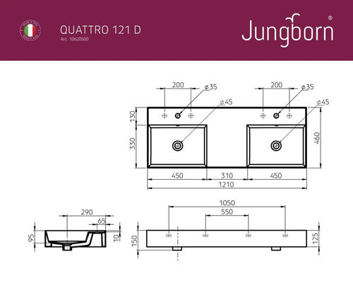 Technische Zeichnung des Jungborn Quattro 121 D Waschtischs mit Maßangaben