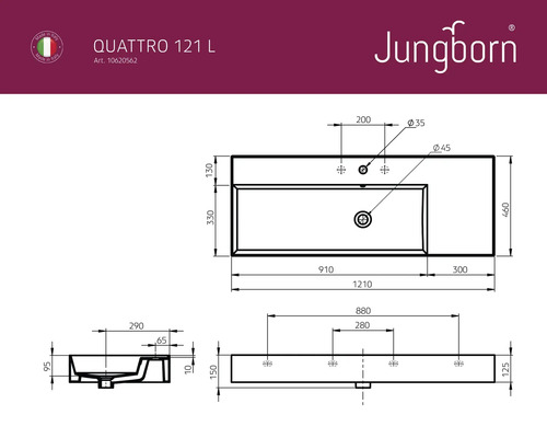 Technische Zeichnung des Jungborn Quattro 121 L Waschtischs mit Maßangaben