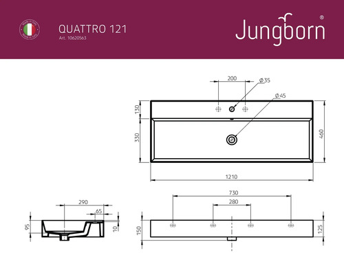 Technische Zeichnung des Jungborn Quattro 121 Waschtischs mit Maßen