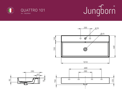 Technische Zeichnung Waschbecken Quattro 101