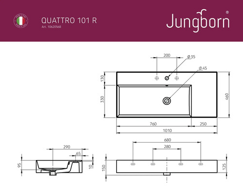 Technische Zeichnung des Waschtisches Jungborn Quattro 101 R mit Maßangaben