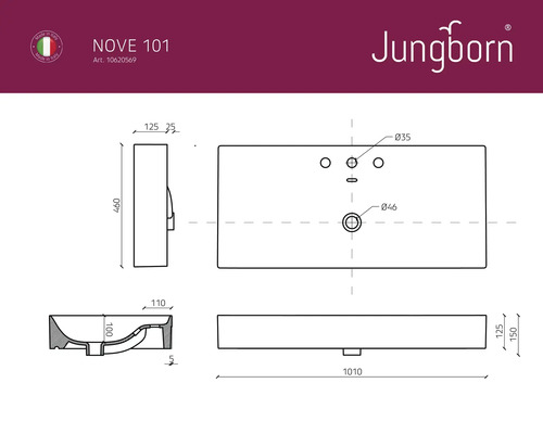 Technische Zeichnung eines Jungborn Nove 101 Waschtischs mit Maßangaben