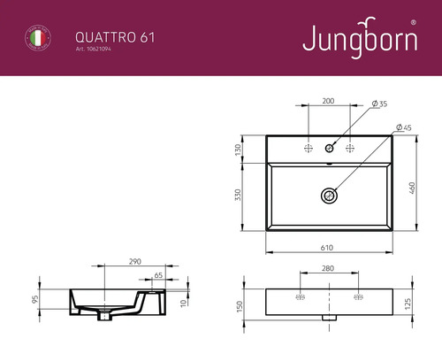 Technische Zeichnung Waschbecken mit Maßangaben