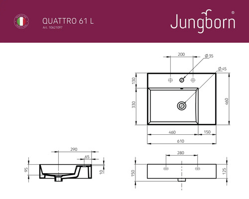 Technische Zeichnung des Jungborn Quattro 61 L Waschtisches mit Maßangaben