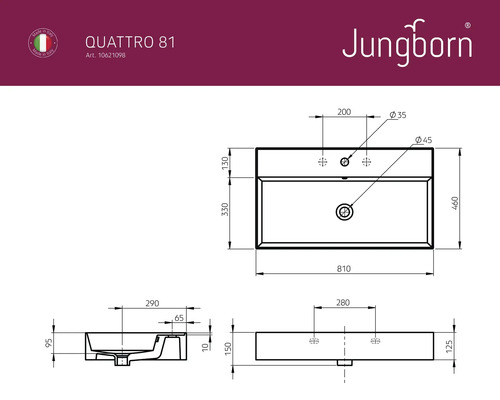 Technische Zeichnung Waschbecken mit Maßangaben