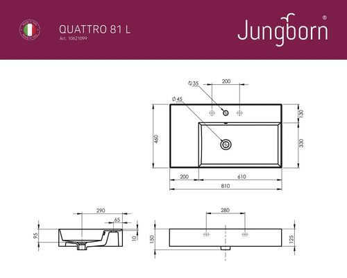 Technische Zeichnung eines Waschtisches mit Maßangaben