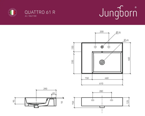 Technische Zeichnung eines Jungborn Quattro 61 R Waschtisches mit Maßangaben