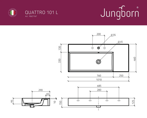 Technische Zeichnung von Jungborn Quattro 101 L Waschtisch
