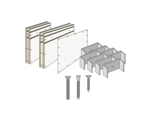 Montageset bestehend aus Paneelen, Metallbefestigungen und Schrauben
