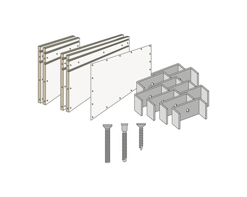 Illustration eines Regalbodenbefestigungssets mit Regalböden, Halterungen und Schrauben.