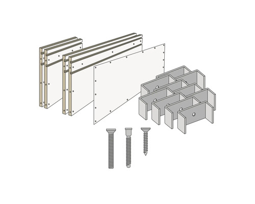 Befestigungsmaterial für Trockenbauwandelemente, bestehend aus Rahmen, Platten, Halterungen und Schrauben