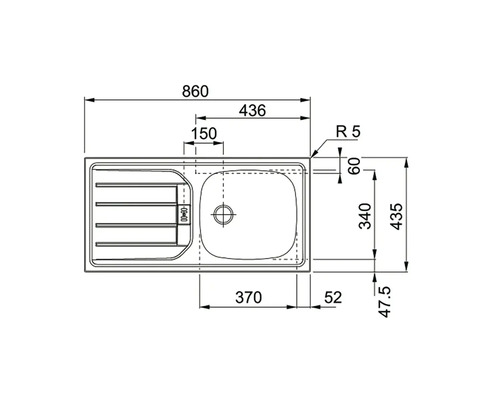 Technische Zeichnung einer Spüle mit Abtropffläche und Maßangaben