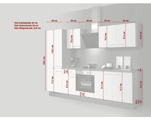 Küchenzeile mit Maßangaben der Arbeitsplatte, Ober- und Unterschränke