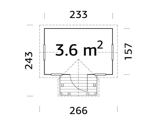 Grundrisszeichnung eines Gartenhauses mit den Maßen 233 mal 243 Zentimeter und 3,6 Quadratmeter Grundfläche