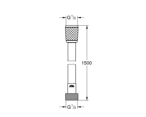 Technische Zeichnung eines Brauseschlauchs mit einer Länge von 1500 Millimeter und G 1/2-Zoll-Anschlüssen.