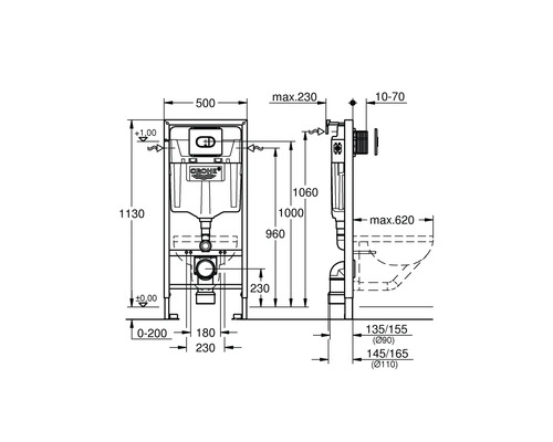 Technische Zeichnung Grohe Spülkasten mit Maßen