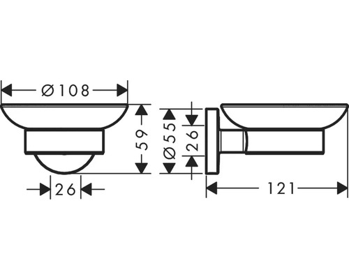 Technische Zeichnung eines Seifenschalenhalters mit Maßangaben