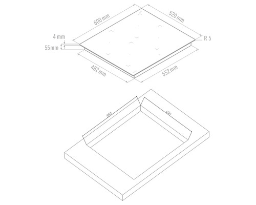 Technische Zeichnung einer Kochfeldabdeckung mit Maßangaben