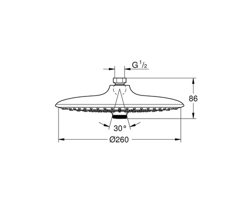 Technische Zeichnung eines Duschkopfes mit Maßangaben
