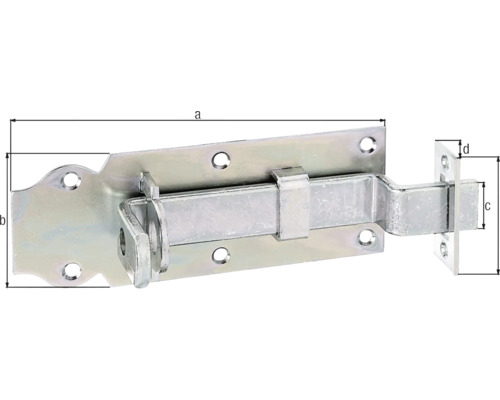 Metallischer Schubriegel mit Abmessungsangaben für die Montage an Türen oder Toren