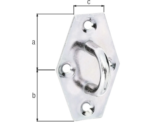 Metallischer Deckenhaken mit Befestigungsplatte und Maßangaben.