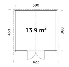 Grundrisszeichnung mit Maßangaben eines Gartenhauses