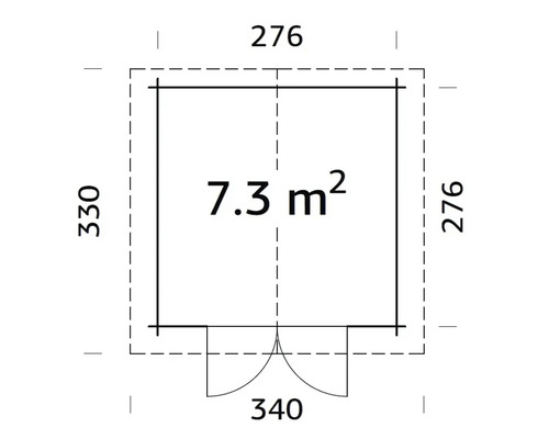 Grundriss des Gartenhauses mit Flächenangabe 7,3 Quadratmeter und Maßangaben.