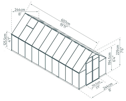 Abbildung eines Gewächshauses mit Maßangaben