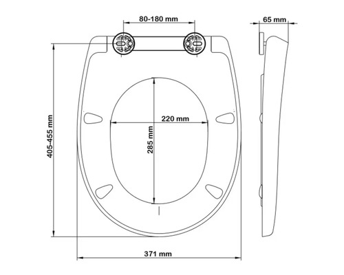 Technische Zeichnung eines Toilettendeckels mit Bemaßungen.