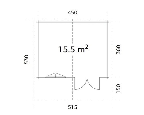 Grundrisszeichnung eines Gartenhauses mit den Maßen 515 mal 530 Zentimeter und einer Fläche von 15,5 Quadratmetern