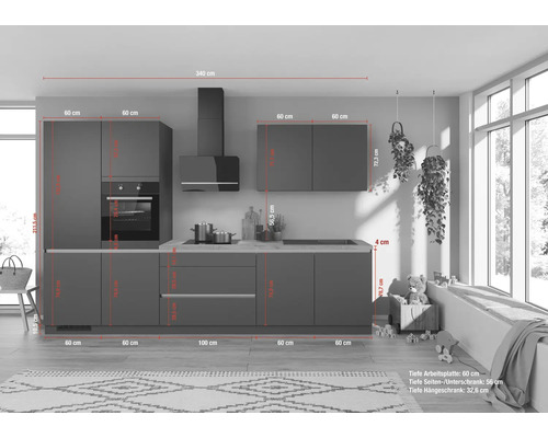 Küchenzeile mit Maßen für Arbeitsplatte, Unterschrank und Hängeschrank