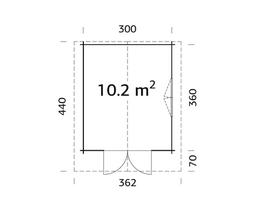 Grundriss eines Gartenhauses mit den Maßen 300 x 440 x 360 x 70 x 362 Zentimeter und einer Fläche von 10,2 Quadratmetern