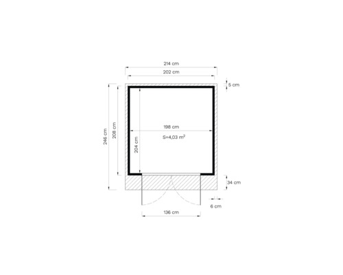Technische Zeichnung eines Gartenhauses mit Maßangaben