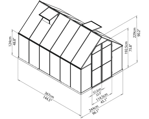 Abbildung eines Gewächshauses mit Maßangaben