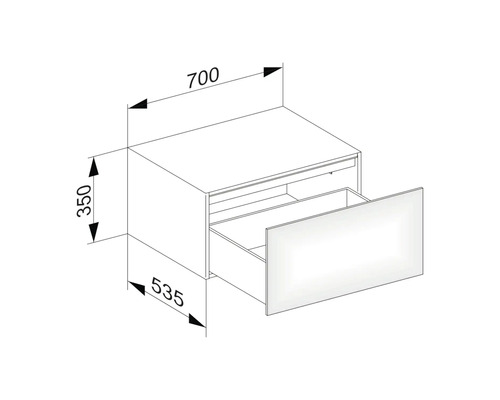 Zeichnung eines Unterschranks mit Schublade und Maßangaben